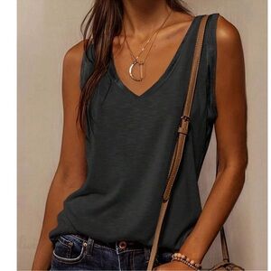Black Solid V Neck Minimalist Tank Top S M L XL